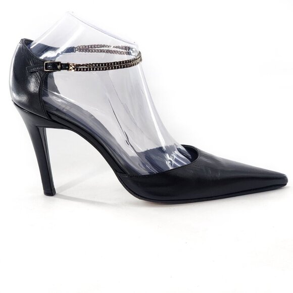 STUART WEITZMAN Black Leather Chain Link Ankle Strap Pointed Toe D'Orsay Pumps - Picture 1 of 9